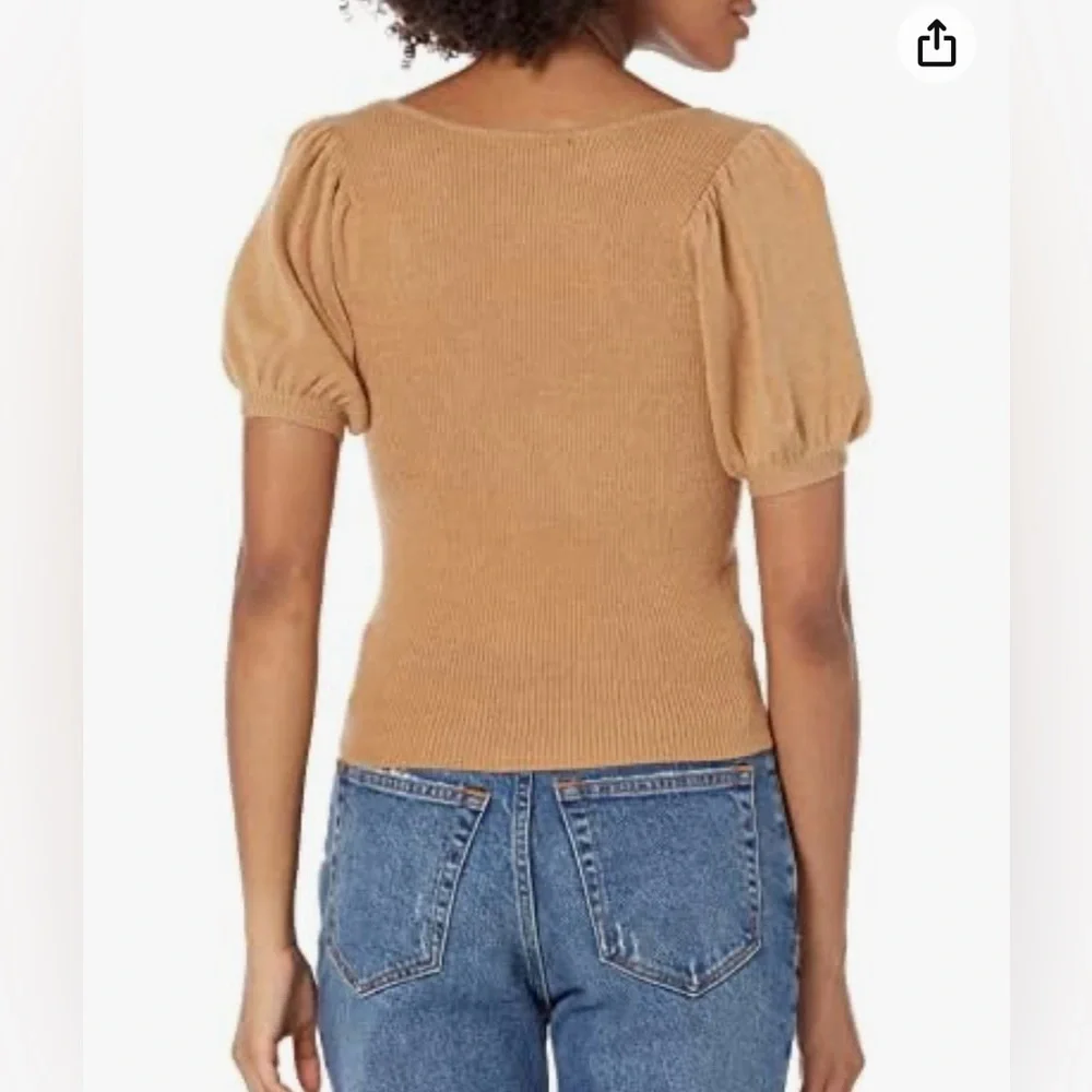 FRENCH CONNECTION NWT Milkmaid Boho Puff SLV SQ. Neck Mix Knit Camel Sweater L